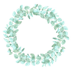 Oval-shaped frame made of delicate green eucalyptus branches surrounding a blank center. Watercolor clipart frame, suitable for logos, custom invitations, or product labels with a botanical theme