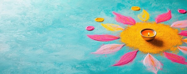 Colorful rangoli design with diya on blue background for festive occasion.