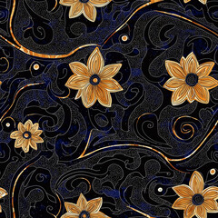 Produce a Batik seamless pattern with contrasting colors and intricate lines