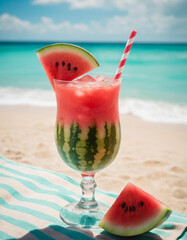 Obraz premium Watermelon cocktail on beach with turquoise sea and cloudy sky