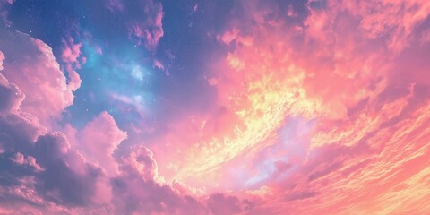 Dramatic fiery sky with vibrant pink and orange clouds at sunset, capturing nature's beauty and tranquility