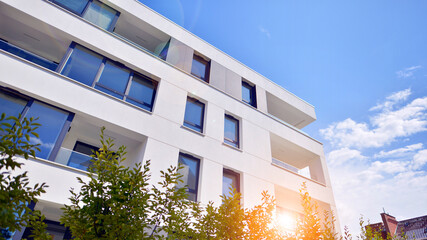 Eco apartment building saving energy and fresh air concept. European residential architecture...