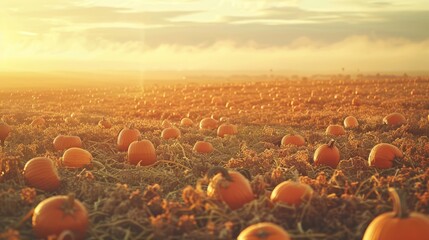 A vast pumpkin field at dawn, with rows of plump orange pumpkins