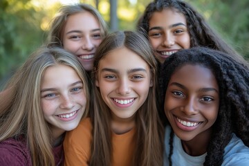 Fototapeta premium Group of young women with long hair are smiling for the camera. A group of happy, diverse teenagers is posing for a cheerful selfie outdoors, with a backdrop of greenery, all sharing genuine smiles.