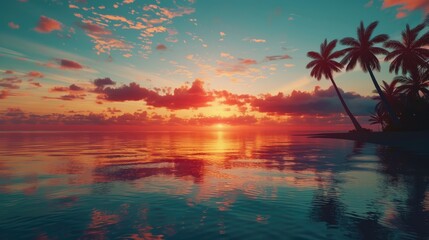 Sunset Silhouette Beach Calm Water Reflection