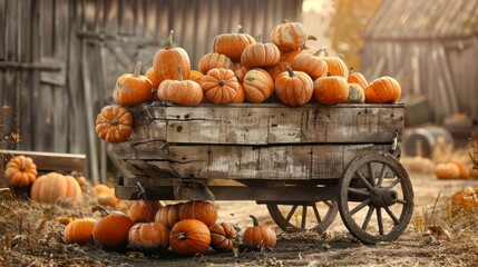 A rustic wooden cart overflowing with freshly harvested pumpkins