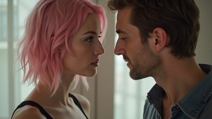 A man and a woman look at each other, a woman with pink hair