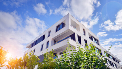 Eco apartment building saving energy and fresh air concept. European residential architecture...