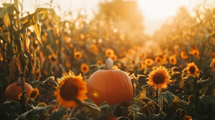 A picturesque pumpkin patch surrounded by sunflowers and corn stalks