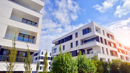 Eco apartment building saving energy and fresh air concept. European residential architecture...