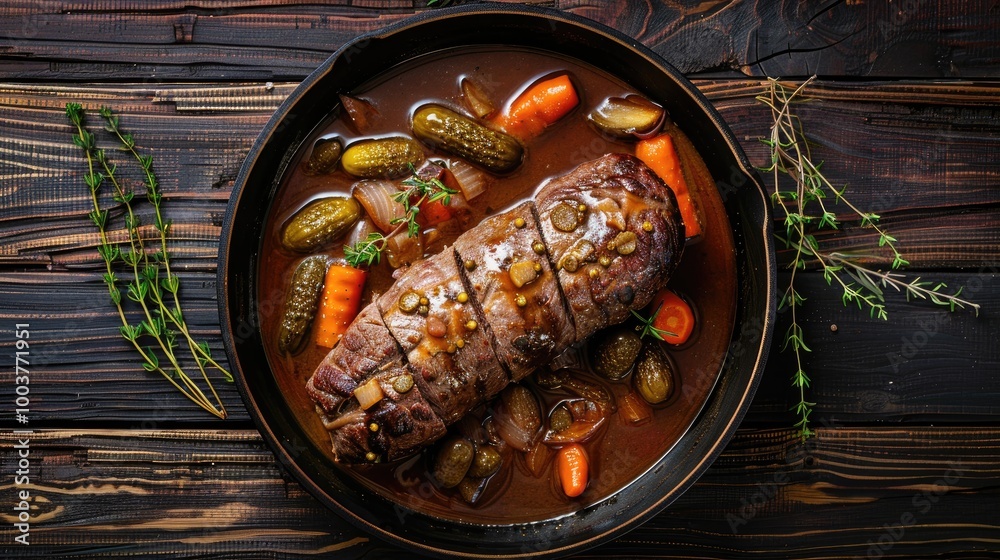 Aufkleber beef rouladen stuffed up with mustard pickles carrot and onions in beef gravy in pan on dark wooden 