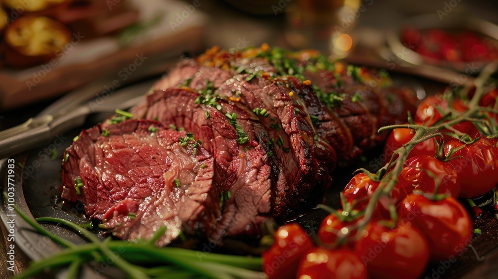 Poster modern style traditional commonwealth sunday roast with sliced cold cuts roast beef with tomatoes an