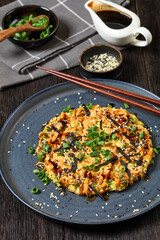 Japanese pancake with cabbage on a plate, top view