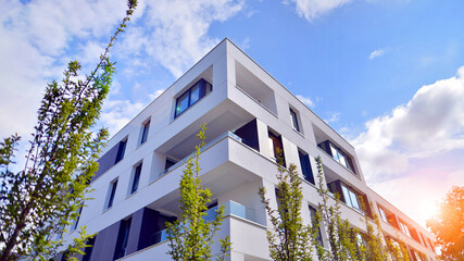 Eco apartment building saving energy and fresh air concept. European residential architecture...