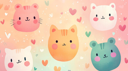 Obraz premium Cute flat pattern with cartoon cats and hearts on white background