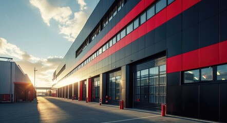 Contemporary Warehouse Building - Dynamic Red and Black Design with Loading Dock Doors
