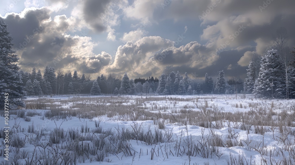 Poster a field with white snow and a bald dense forest under a cloudy sky