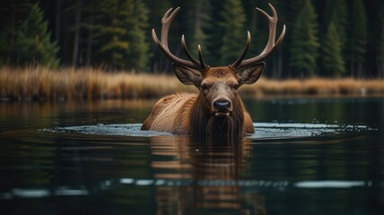 A large male elk with antlers stands in a lake with a dark green forest in the background.
