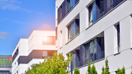 Eco apartment building saving energy and fresh air concept. European residential architecture...
