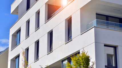 Eco apartment building saving energy and fresh air concept. European residential architecture...