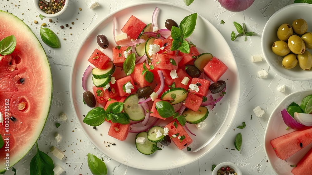 Aufkleber from above summer watermelon salad platter with cucumber red onion cheese olives and basil a portion