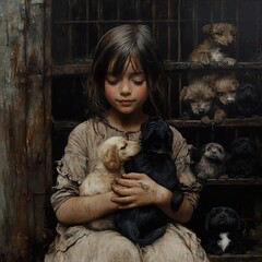 Young Girl Holding Puppies in a Shelter: A Touching Portrait of Compassion