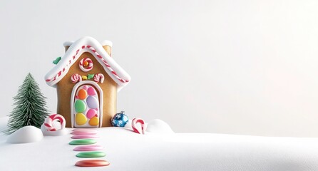 Christmas greeting background with 3D render of a cheerful gingerbread house Decorated with colorful icing and candy canes on white background. Holiday card, banner design, festive, cartoon