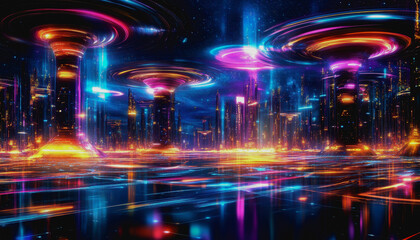 Futuristic communication landscape at dusk with satellite dishes and cosmic backdrop