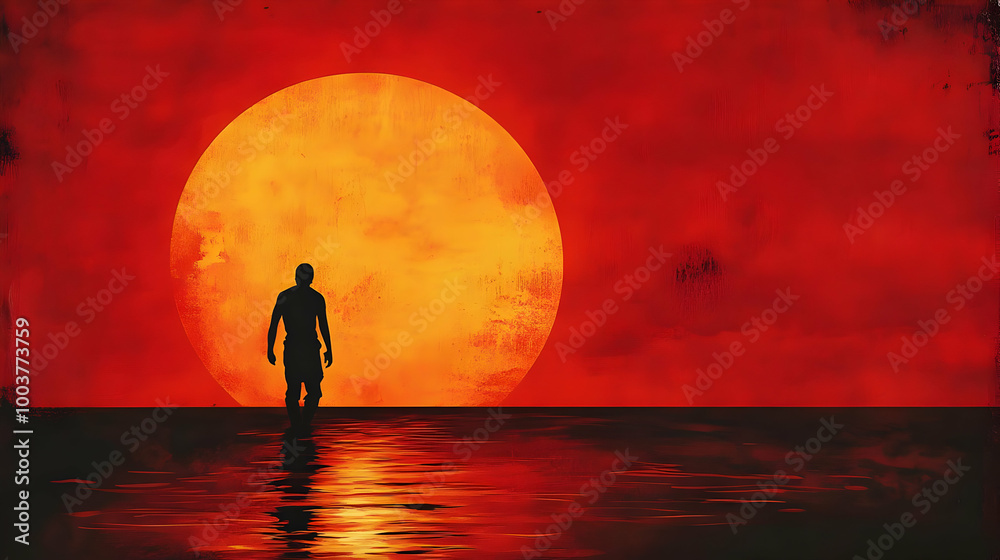 Sticker Silhouette of a Man Walking Towards the Setting Sun