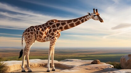 Obraz premium This breathtaking photograph captures a giraffe standing tall on a rocky outcrop, gazing out over the vast expanse of the African savannah below. 