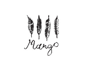 Vector mango symbol. Charcoal drawing. Organic Mango sign. Tropical fruit symbol. Black sketch of Exotic fruit. Hand lettering Mangoes emblem. Asian Mangos fruit illustration. Carabao mango doodles.