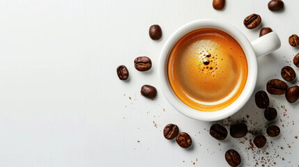 Small espresso cup with coffee beans isolated on white background