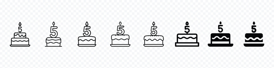  Five Year Celebration Events cake icon, Cake icon vector set. Outline pie with candles symbol, birthday cake icon set, Simple birthday cake icon, Birthday cake icon set