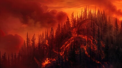 Hill with trees about to burn in red orange wildfire