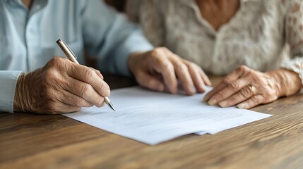 Elderly hands signing important documents with focus on pen