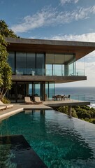 A magnificent house with a large infinity pool overlooks a stunning ocean view and lush greenery.