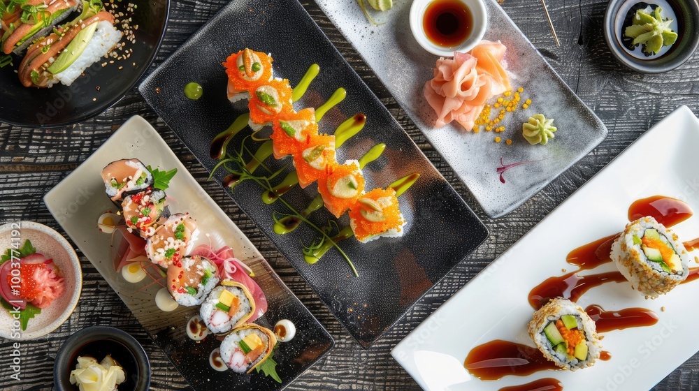 Poster assorted sushi rolls artfully presented on modern plates with sauces and garnish