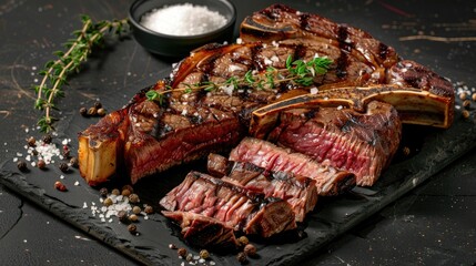 Dry Aged Barbecue Porterhouse Steak T bone beef steak sliced with large fillet piece with herbs and salt American meat restaurant