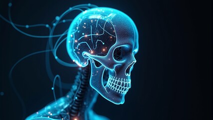 a skull with a blue-black glowing body on a black background