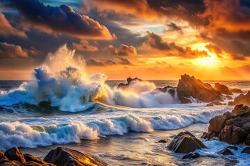 Landscape of the raging sea against the backdrop of sunset, big waves, rocks