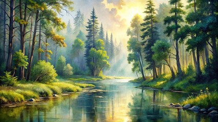 landscape painting of a forest river during morning