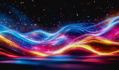 Obraz premium Glowing digital waves of neon light, colorful particles, and futuristic cosmic landscape