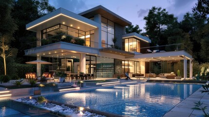 Fototapeta premium Luxury modern house with pool, evening.