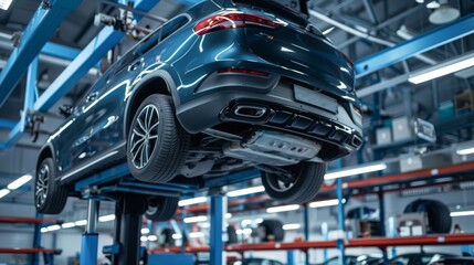 dark gray suv on a car lift in an automotive workshop, underside view, surrounded by tools and workers, blue and white walls, featuring a detailed view of the car's size and mechanical setup