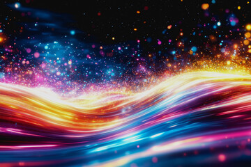 Glowing digital waves of neon light, colorful particles, and futuristic cosmic landscape
