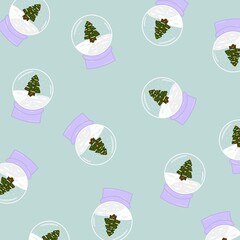 Snow globes Christmas tree flat seamless pattern.