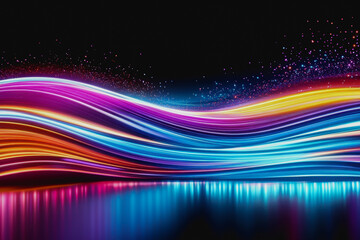 Glowing digital waves of neon light, colorful particles, and futuristic cosmic landscape
