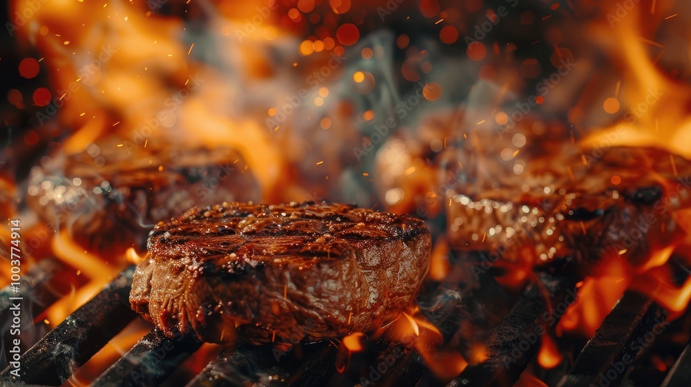 Poster grilling steaks on flaming grill and shot with selective focus