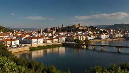 A panoramic view of Coimbra, known for its historic university by the Mondego River.