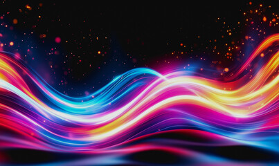 Obraz premium Glowing digital waves of neon light, colorful particles, and futuristic cosmic landscape
